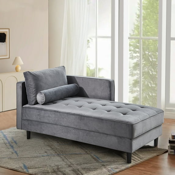 Youdao Modern Tufted Velvet Chaise Lounge,  Leisure Lounge Chair Sleeper Indoor, Elegant Victorian Vintage Style Tufted Upholstered Sofa Couch with Pillow for Bedroom Living Room, Gray