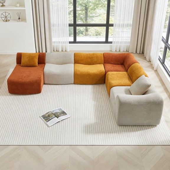 Modular Sectional Sofa, Convertible L-Shaped Couch with Compression Packaging, Velvet  Fabric, Free Combination for Living Room, Orange & Cream Multi-Color, 6-Seater Sleeper Sofa