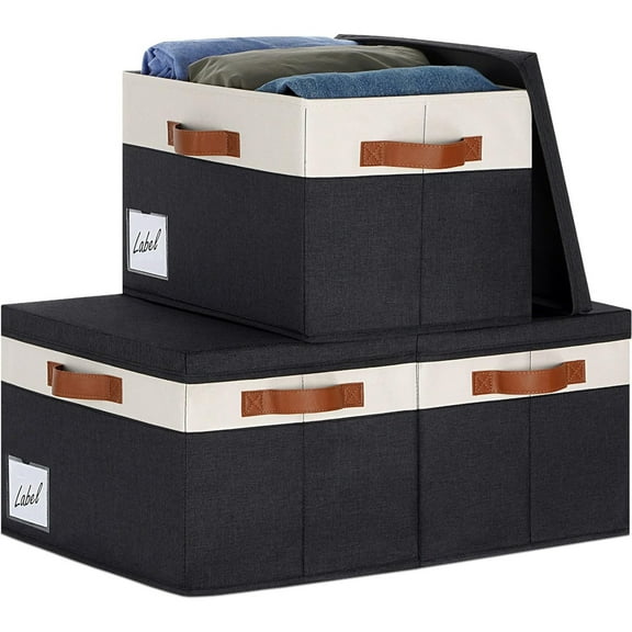Youfenhome Extra Large Fabric Storage Bins with Lids and Label Window for Closet with 3 Handles, Fabric Storage Baskets for Shelves for Organizing Closet Shelf (15.75x11.8x10.2 in, 3 Pack)
