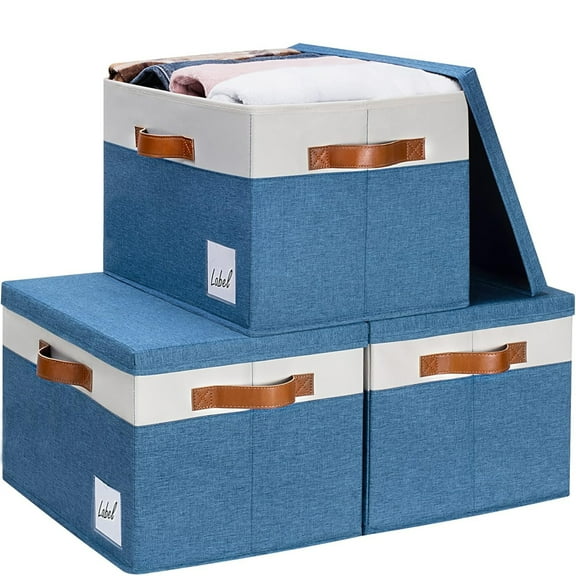 Youfenhome Large Fabric Storage Bins with Lids and Label Window for Closet with 3 Handles, Foldable Baskets, Fabric Storage Baskets for Shelves for Organizing Closet Shelf (15x11x9.7 in, 3 Pack)