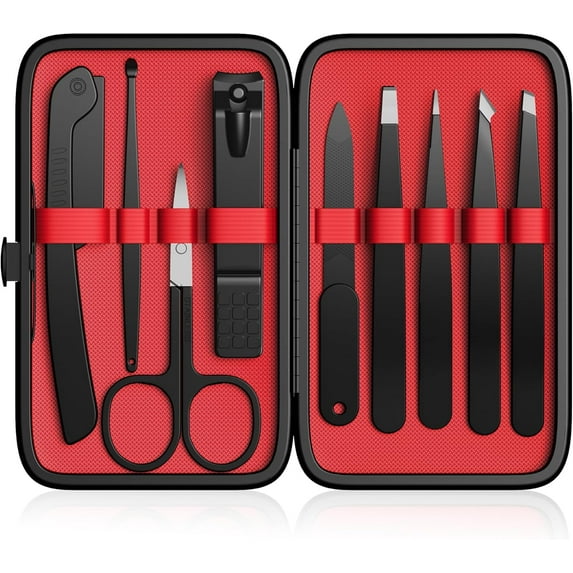 Yougai Tweezers Set,9 Pcs Professional Stainless Steel Tweezer Kit-Great Precision Eyebrow for Ingrown Facial Hair with Leather Travel Case as Stocking Stuffing Gifts