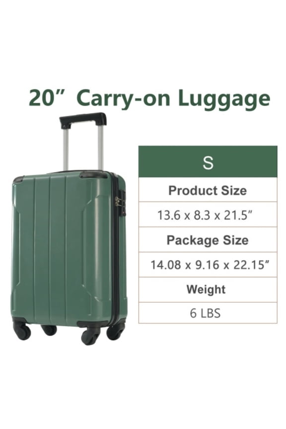 20" Lightweight Hardshell Luggage ABS Suitcases with Double Wheels, Expandable Checked , (Green)