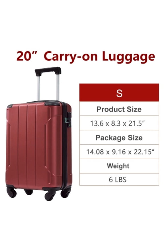 20" Lightweight Hardshell Luggage ABS Suitcases with Double Wheels, Expandable Checked , (Red)