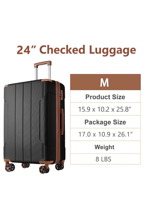 24" Lightweight Hardshell Luggage ABS Suitcases with Double Wheels, Expandable Checked , (Black+Brown)
