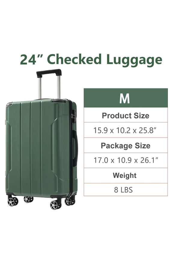 24" Lightweight Hardshell Luggage ABS Suitcases with Double Wheels, Expandable Checked , (Green)