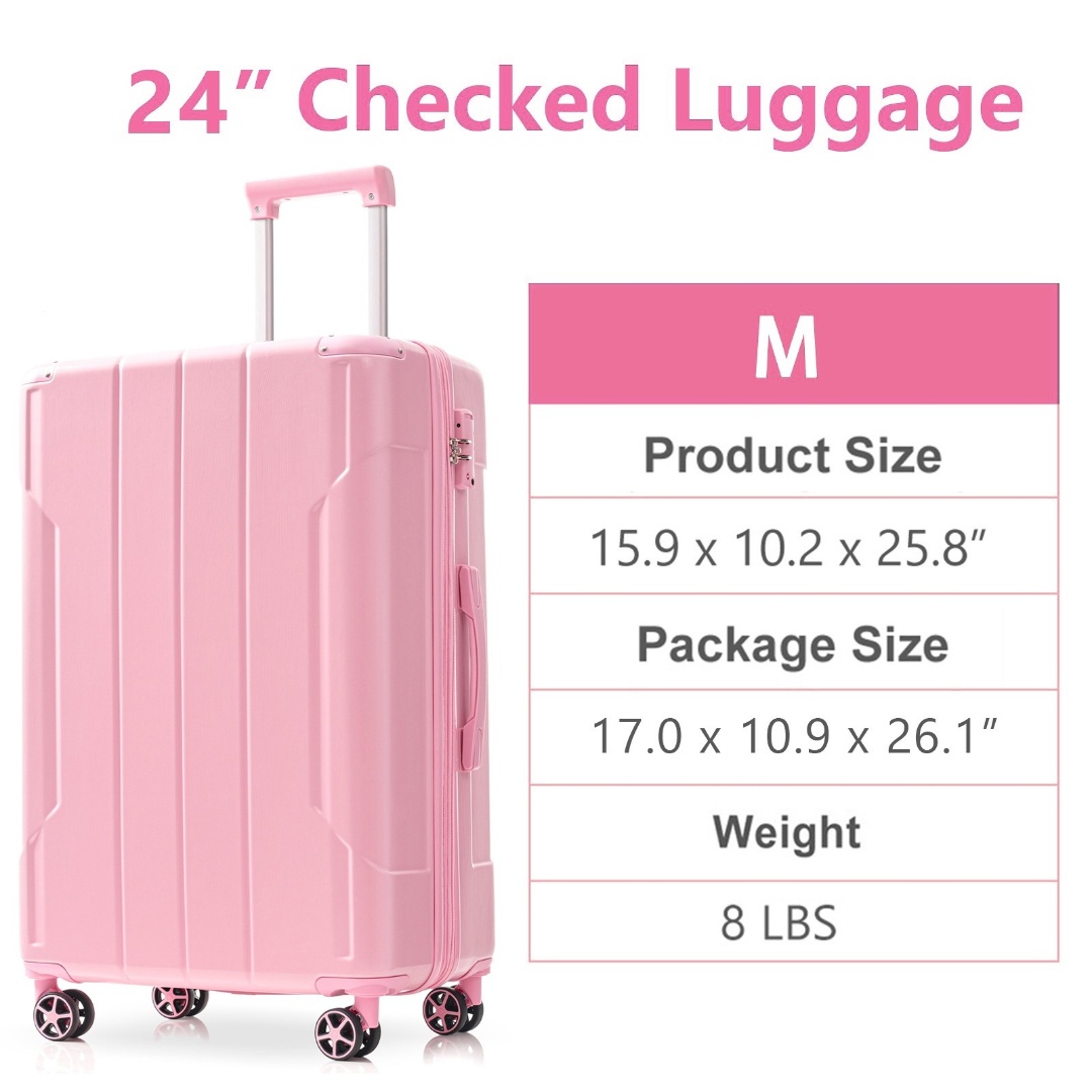 Yougu 24" Lightweight Hardshell Luggage ABS Suitcases with Double Wheels, Expandable Checked , (Pink)