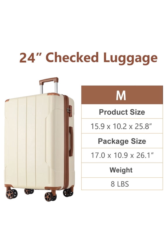 24" Lightweight Hardshell Luggage ABS Suitcases with Double Wheels, Expandable Checked , (White+Brown)