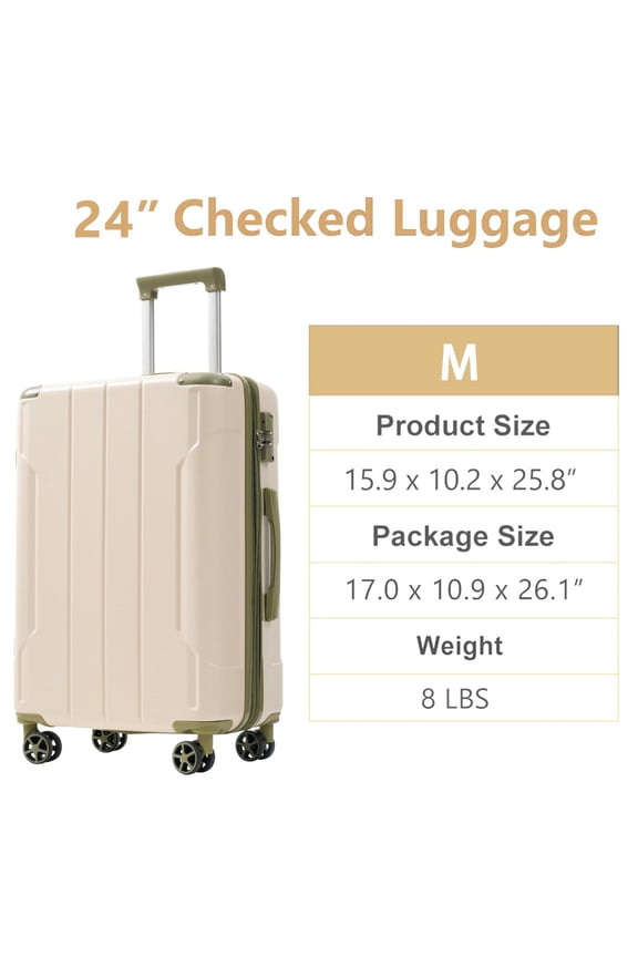 24" Lightweight Hardshell Luggage ABS Suitcases with Double Wheels, Expandable Checked , (White+Green)