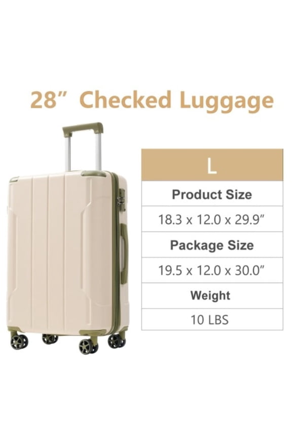 28" Lightweight Hardshell Luggage ABS Suitcases with Double Wheels, Expandable Checked , (White+Green)