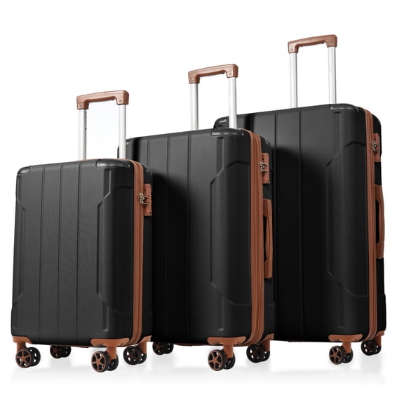 Yougu 3-Piece Luggage Sets, ABS Suitcases with Double Spinner,TSA Lock 20/24/28inch, (Black Brown)