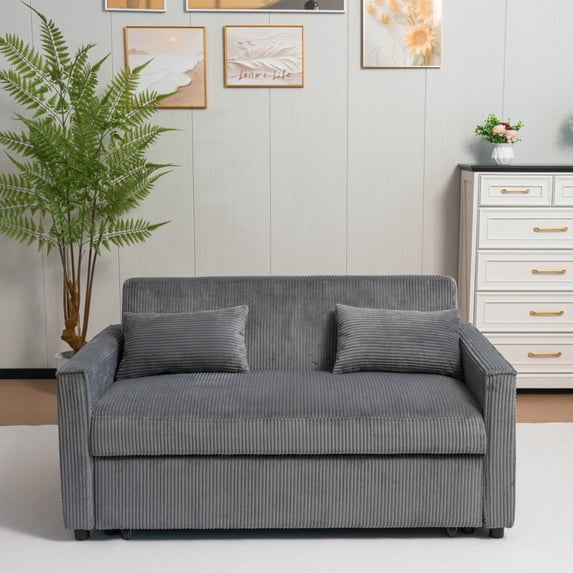 Yougu 3-in-1 Multi-Functional Corduroy Sleeper Couch Pull-Out Bed,Adjustable Backrest and Pillows(Grey)
