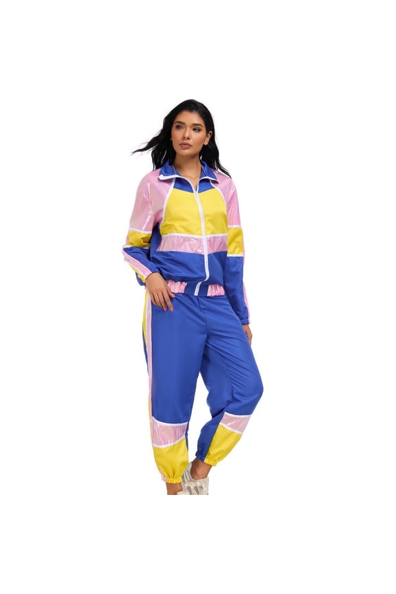Youiyipin Womens Halloween Hip Hop Costume Womens 80S Tracksuit Retro Hip Hop Windbreaker Women Disco Tracksuit Sets Colorblock One Piece Outfits Set