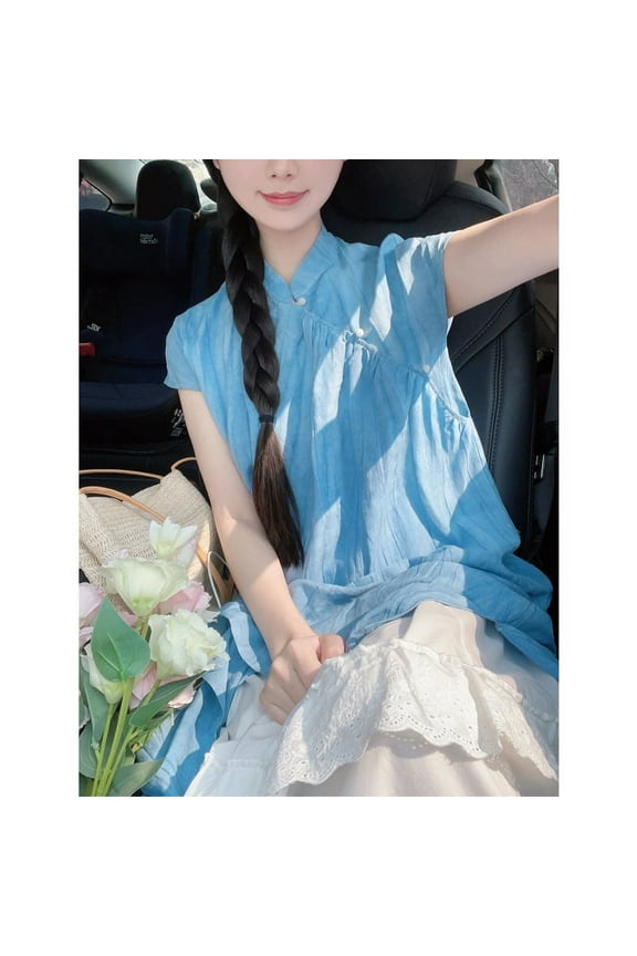 <Youlan> New Chinese Style Linen Tencel Breathable Full Cardigan Artistic Blue Summer Cheongsam Skirt Suit Tide