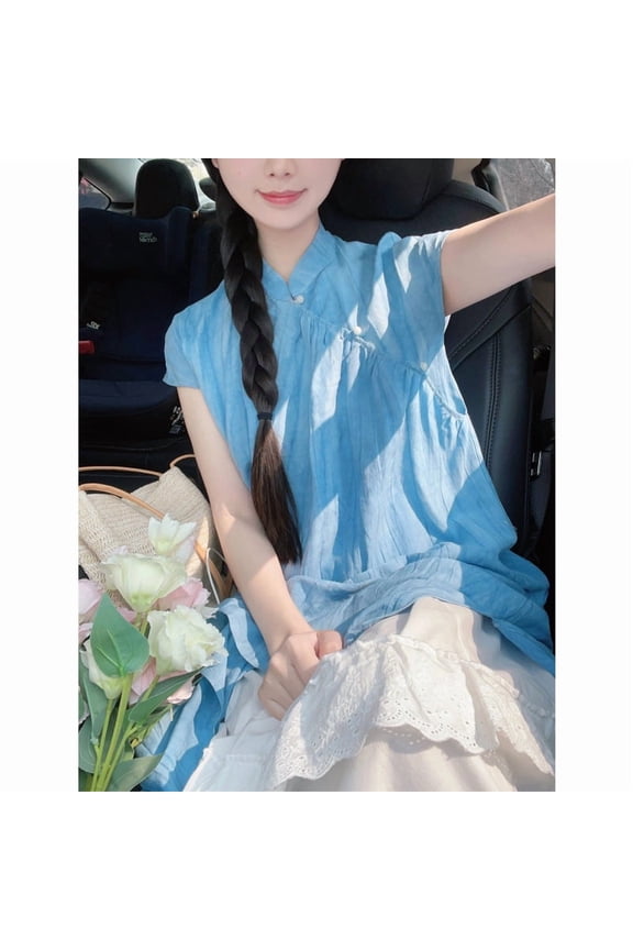 <Youlan> New Chinese Style Linen Tencel Breathable Full Cardigan Artistic Blue Summer Cheongsam Skirt Suit Tide