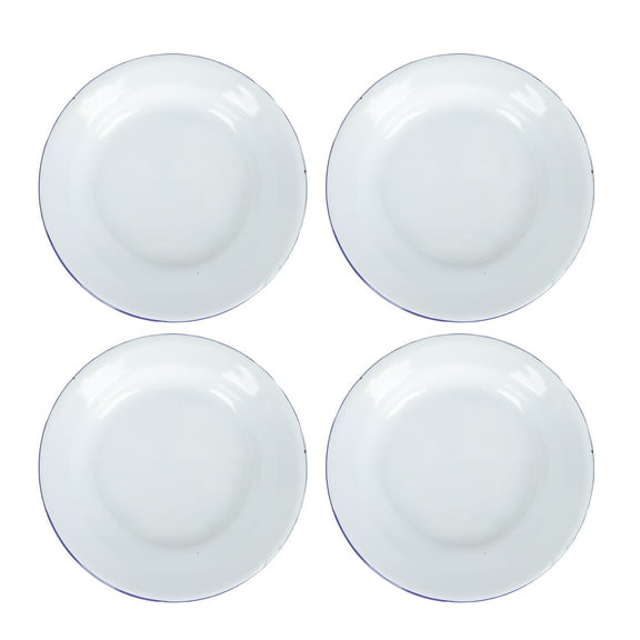 Youliang 4pcs Enamel Plates Unbreakable Dinner Serving Tray Retro White with Blue Rim