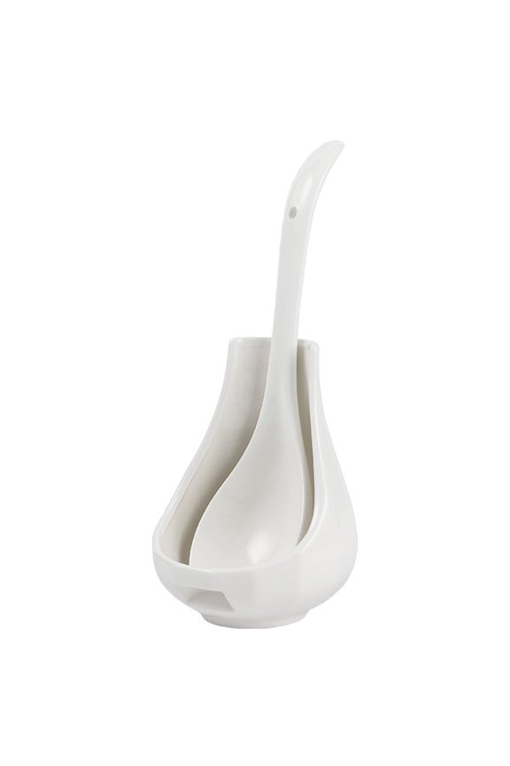 Ceramic Kitchen Utensil Set with Spoon Rest - White