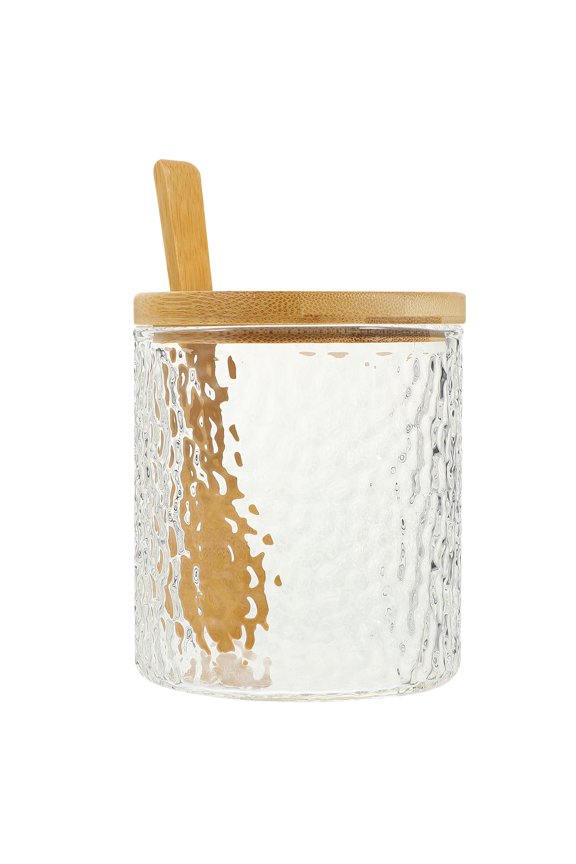 Glass Jar with Bamboo Lid and Spoon for Kitchen Table or Bath Salt Canister