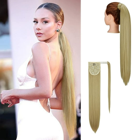Youloveit Ponytail Hairpiece Extensions, 20/28 Inch Long Straight Wrap Around Clip on Ponytail Hair Extension Synthetic Ponytail Hairpiece Magic Paste Ponytail Extension for Women(Ash Blonde)