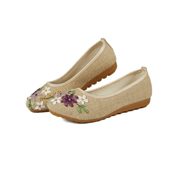 Youloveit Women's Closed Toe Floral Embroidered Slip On Comfort Crafts Flats Loafer Shoes Womens Outdoor Shoes, Khaki/White/Dark Blue Size 6-9.5