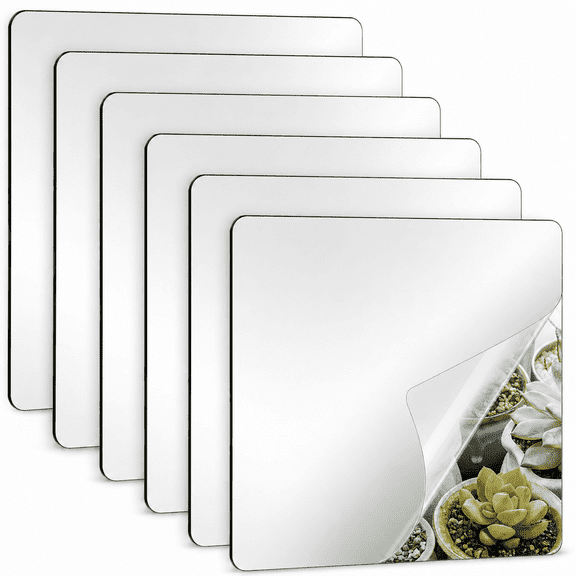 Youmation 6 Pack Self Adhesive Acrylic Mirror, 8x8 Inch Flexible Plastic Mirror Tiles, 2mm Thick Shatterproof Wall Stickers for Bedroom Bathroom Decor