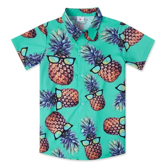 Aideaone Boy's Button Down Hawaiian Shirts Short Sleeve Cool Cartoon Print Tops for 7-14 Years