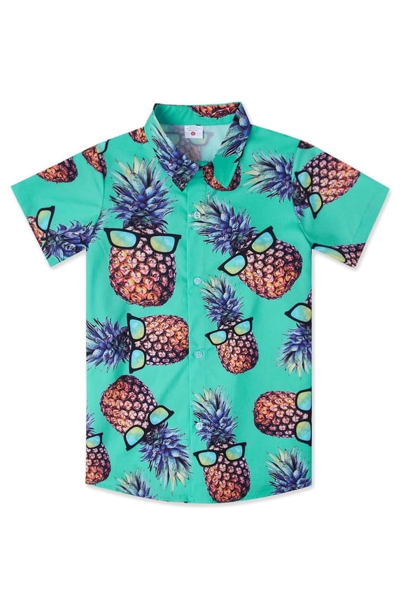 Boy's Button Down Hawaiian Shirts Short Sleeve Cool Cartoon Print Tops for 7-14 Years