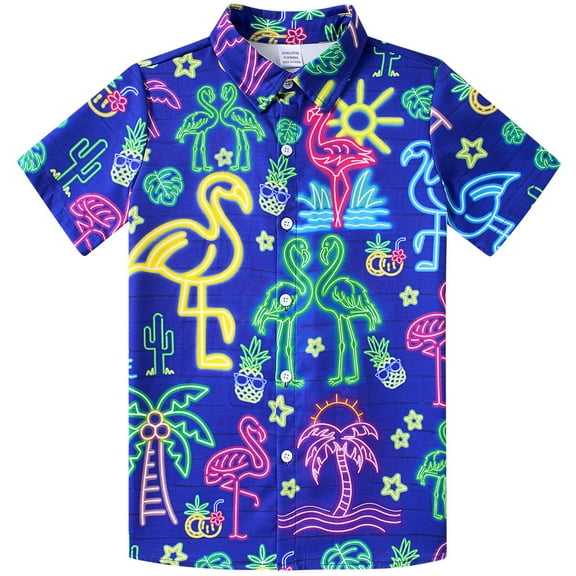 Aideaone Boy's Button Down Hawaiian Shirts Short Sleeve Cool Cartoon Print Tops for 7-14 Years