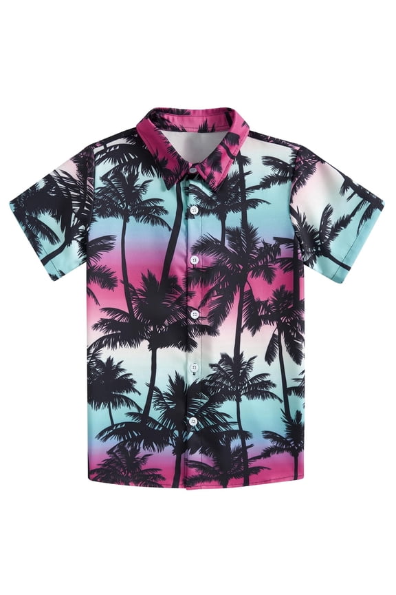 Boys Hawaiian Shirt Kids Tropical Luau 3D Print Button Down Shirts for 7-14 Years