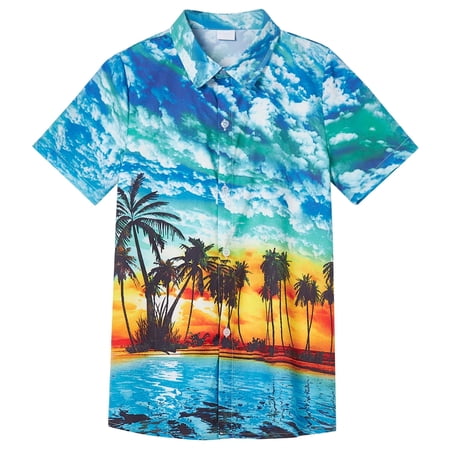Aideaone Boys Hawaiian Shirt Kids Tropical Luau 3D Print Button Down Shirts for 7-14 Years