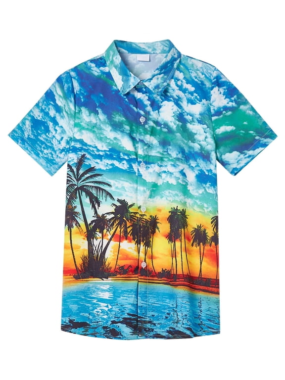 Boys Hawaiian Shirt Kids Tropical Luau 3D Print Button Down Shirts for 7-14 Years