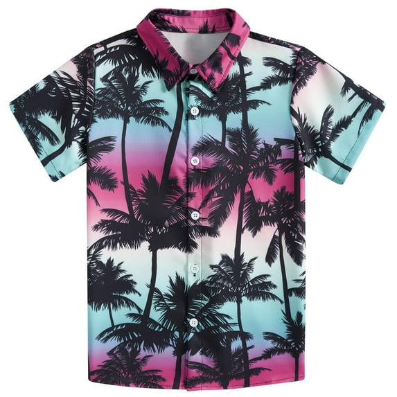 Aideaone Boys Hawaiian Shirt Kids Tropical Luau 3D Print Button Down Shirts for 7-14 Years