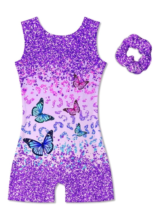 Girl Gymnastic Leotards with Hair Scrunchie Sparkle Dance Unitards for 4-12Years