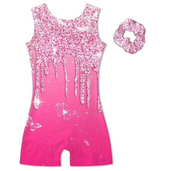 Aideaone Girl Gymnastic Leotards with Hair Scrunchie Sparkle Dance Unitards for 4-12Years