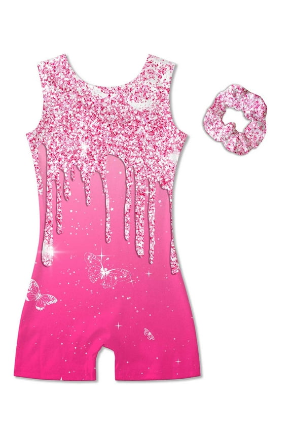 Girl Gymnastic Leotards with Hair Scrunchie Sparkle Dance Unitards for 4-12Years
