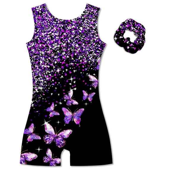 Aideaone Girl Gymnastic Leotards with Hair Scrunchie Sparkle Dance Unitards for 4-12Years