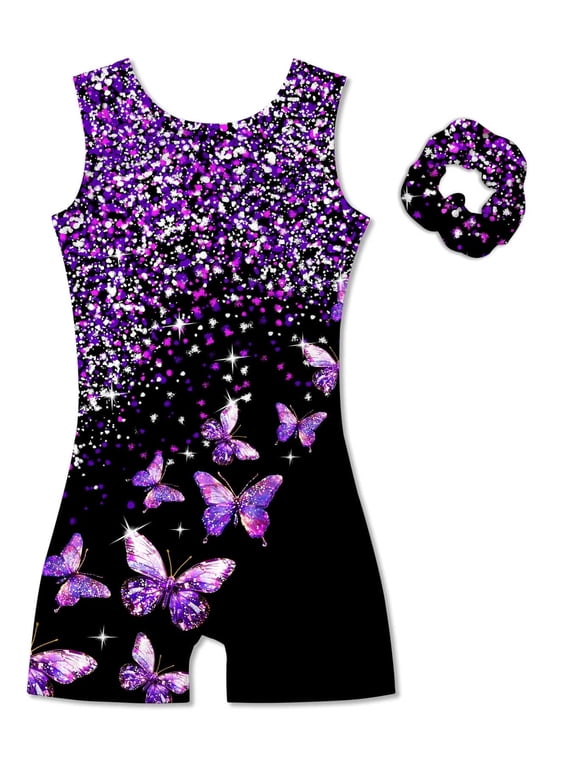 Girl Gymnastic Leotards with Hair Scrunchie Sparkle Dance Unitards for 4-12Years