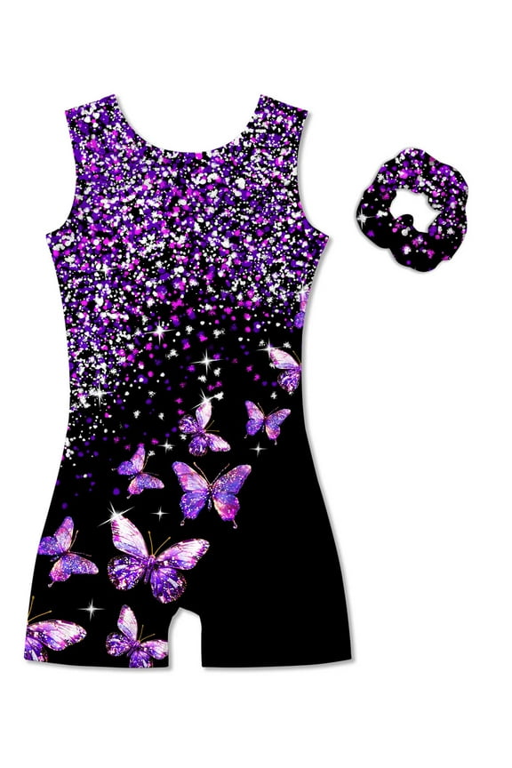 Girl Gymnastic Leotards with Hair Scrunchie Sparkle Dance Unitards for 4-12Years