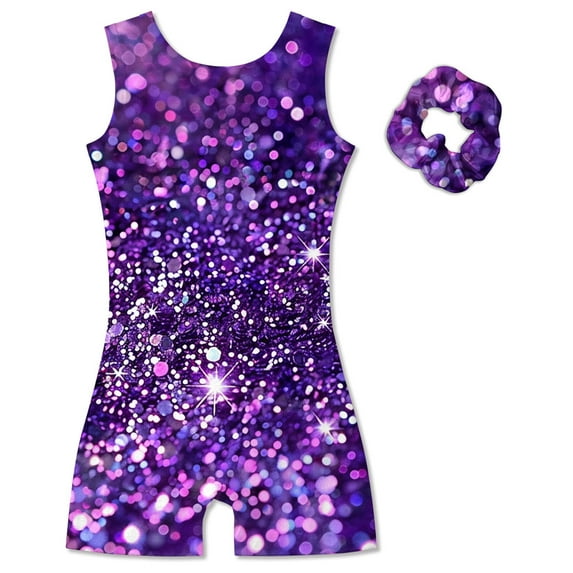 Aideaone Girl Gymnastic Leotards with Hair Scrunchie Sparkle Dance Unitards for 4-12Years