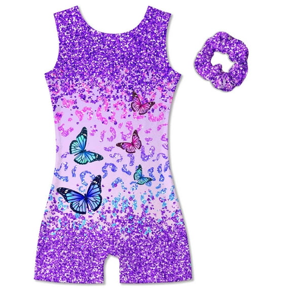 Aideaone Girl Gymnastic Leotards with Hair Scrunchie Sparkle Dance Unitards for 4-12Years