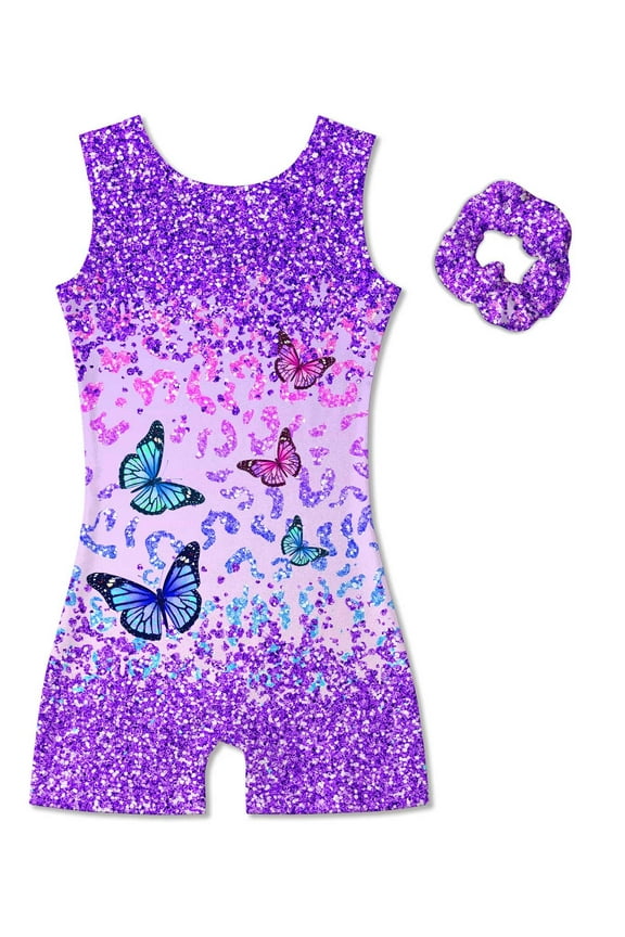 Girl Gymnastic Leotards with Hair Scrunchie Sparkle Dance Unitards for 4-12Years