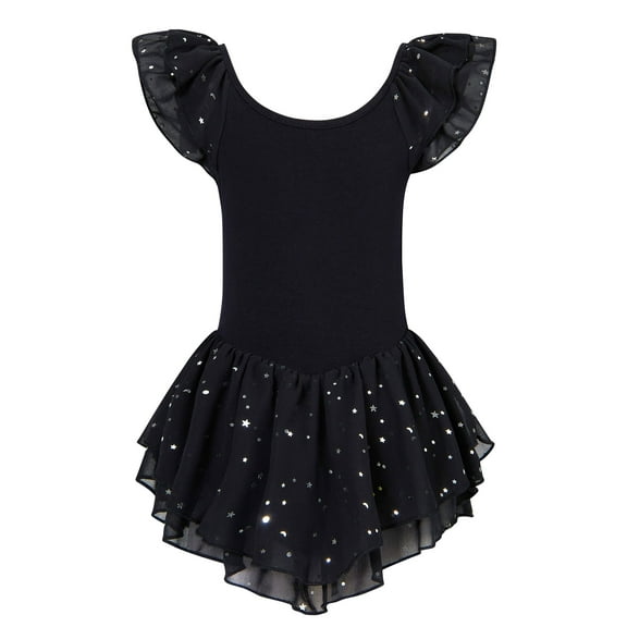 Aideaone Girls Ballet Dance Dress Toddler Leotards Ruffle Sleeve Shiny Ballet Tutu Skirt Black 2-9T