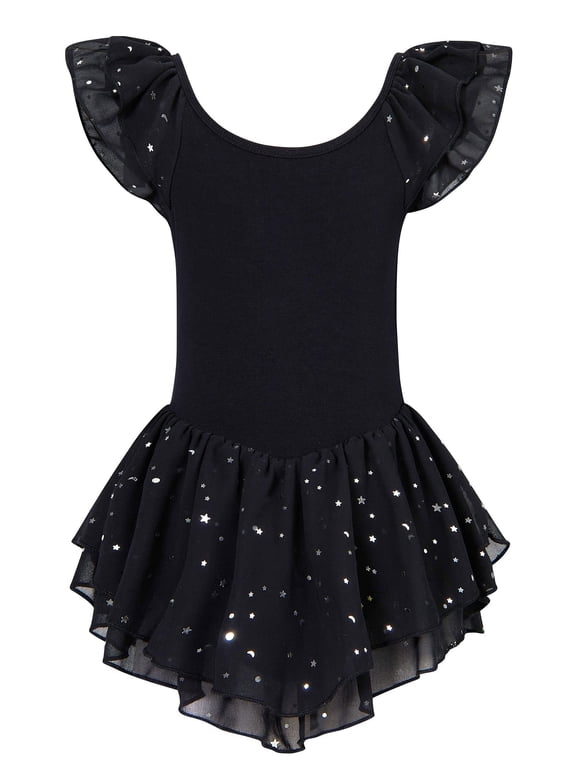 Girls Ballet Dance Dress Toddler Leotards Ruffle Sleeve Shiny Ballet Tutu Skirt Black 2-9T