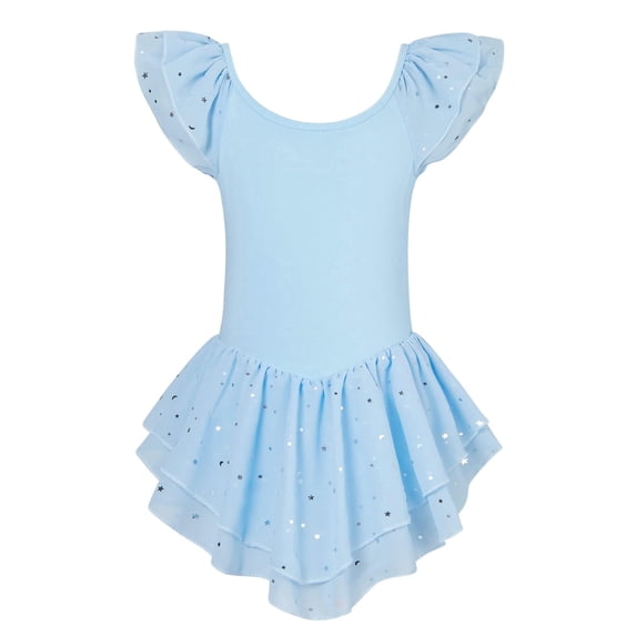 Aideaone Girls Ballet Dance Dress Toddler Leotards Ruffle Sleeve Shiny Ballet Tutu Skirt Blue 2-9T
