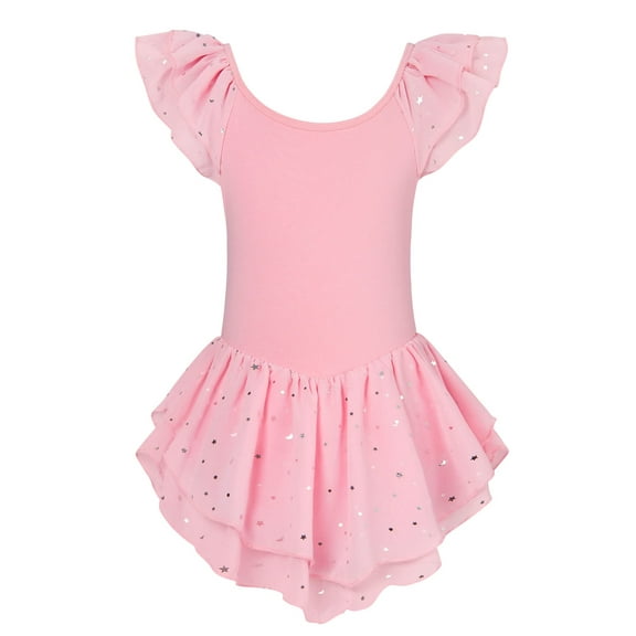 Aideaone Girls Ballet Dance Dress Toddler Leotards Ruffle Sleeve Shiny Ballet Tutu Skirt Bright Pink 2-9T