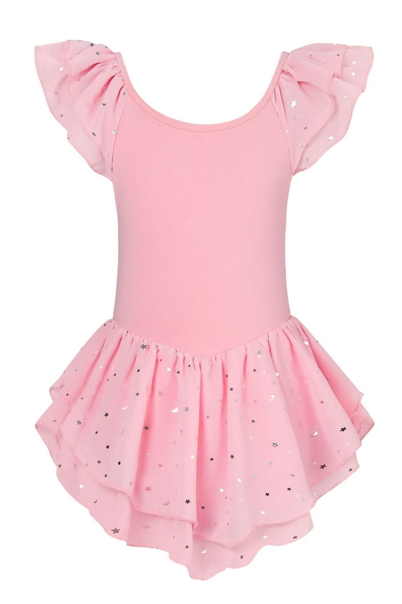 Girls Ballet Dance Dress Toddler Leotards Ruffle Sleeve Shiny Ballet Tutu Skirt Bright Pink 2-9T