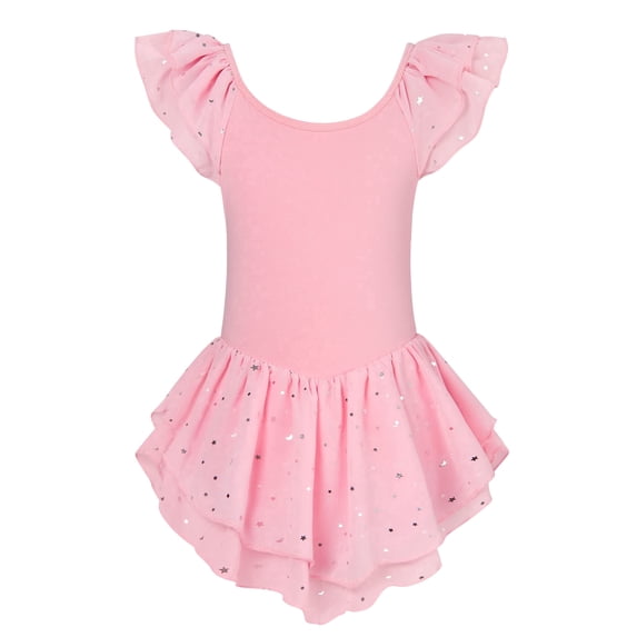 Aideaone Girls Ballet Dance Dress Toddler Leotards Ruffle Sleeve Shiny Ballet Tutu Skirt Bright Pink 2-9T