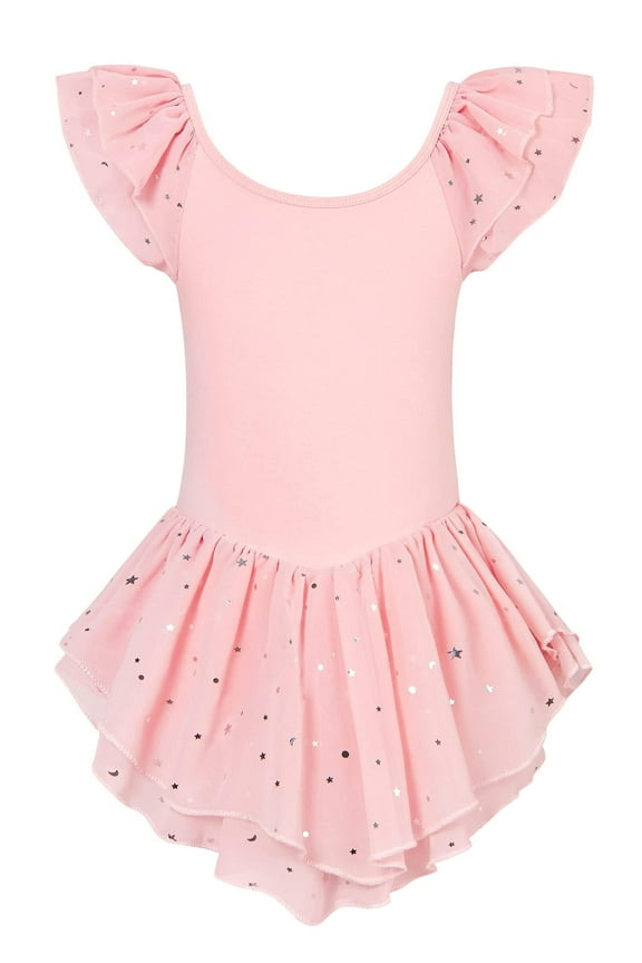 Girls Ballet Dance Dress Toddler Leotards Ruffle Sleeve Shiny Ballet Tutu Skirt Pink 2-9T