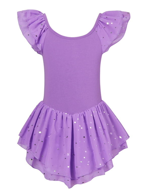 Girls Ballet Dance Dress Toddler Leotards Ruffle Sleeve Shiny Ballet Tutu Skirt Purple 2-9T