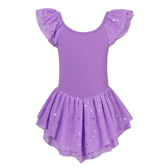 Aideaone Girls Ballet Dance Dress Toddler Leotards Ruffle Sleeve Shiny Ballet Tutu Skirt Purple 2-9T