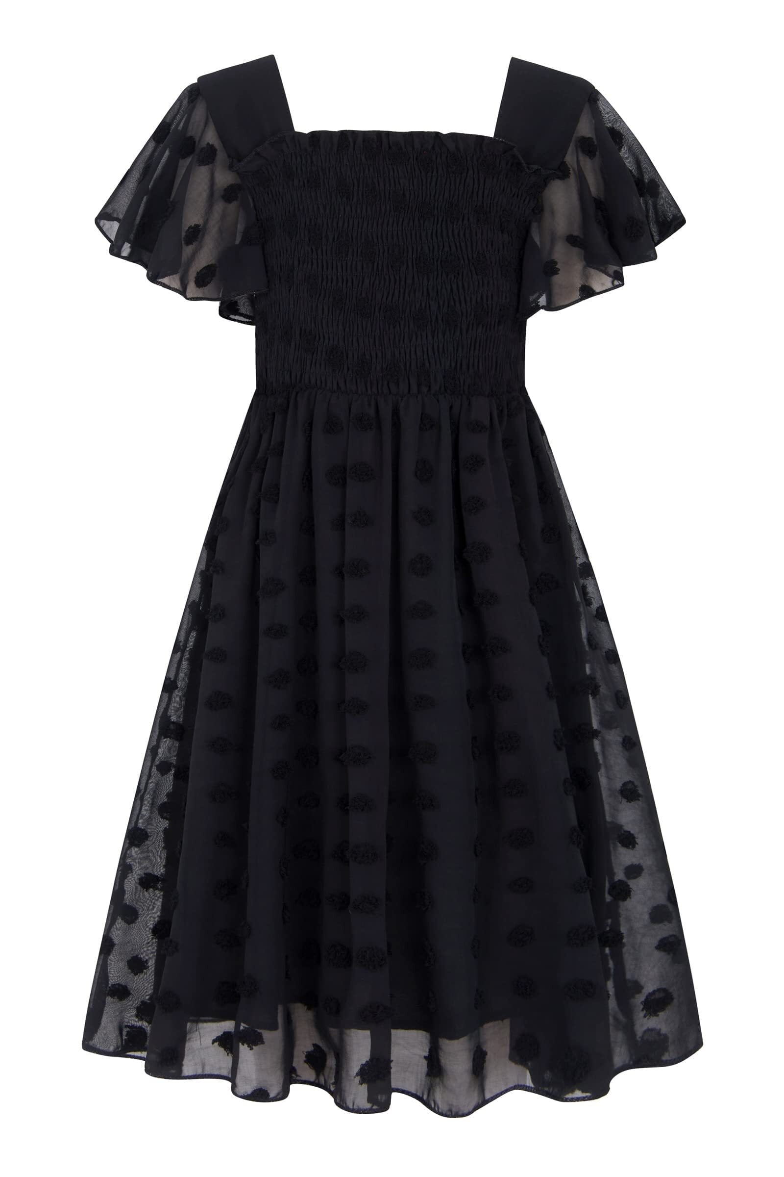 Aideaone Girls Chiffon Dress Flutter Ruffle Short Sleeve Kids Square Neck Frocks Black 6-13Y